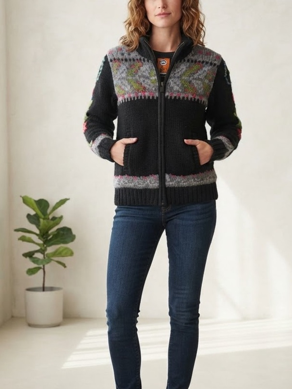 Edin Wool Black Long Sleeve Patterned Zip-Front Women's Knit Jacket Size Medium